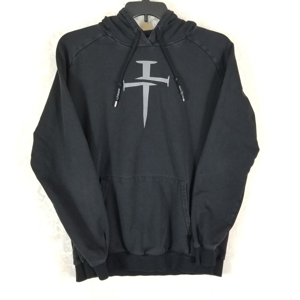 Three Nails‎ Graphic Hoodie Mens Large Black  Streetwear Pullover Sweatshirt Y2K